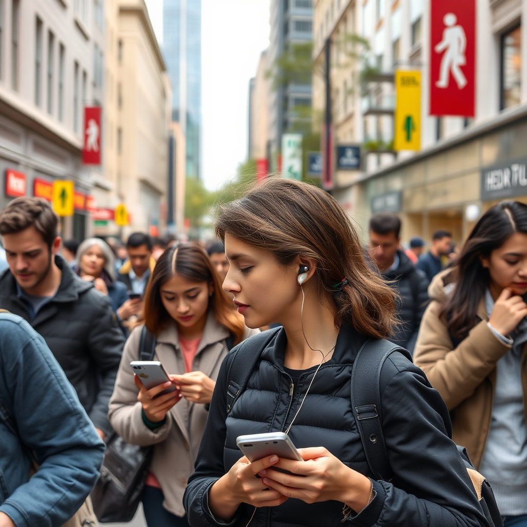 A clean photorealistic photo of a busy city street with multiple pedestrians using smartph