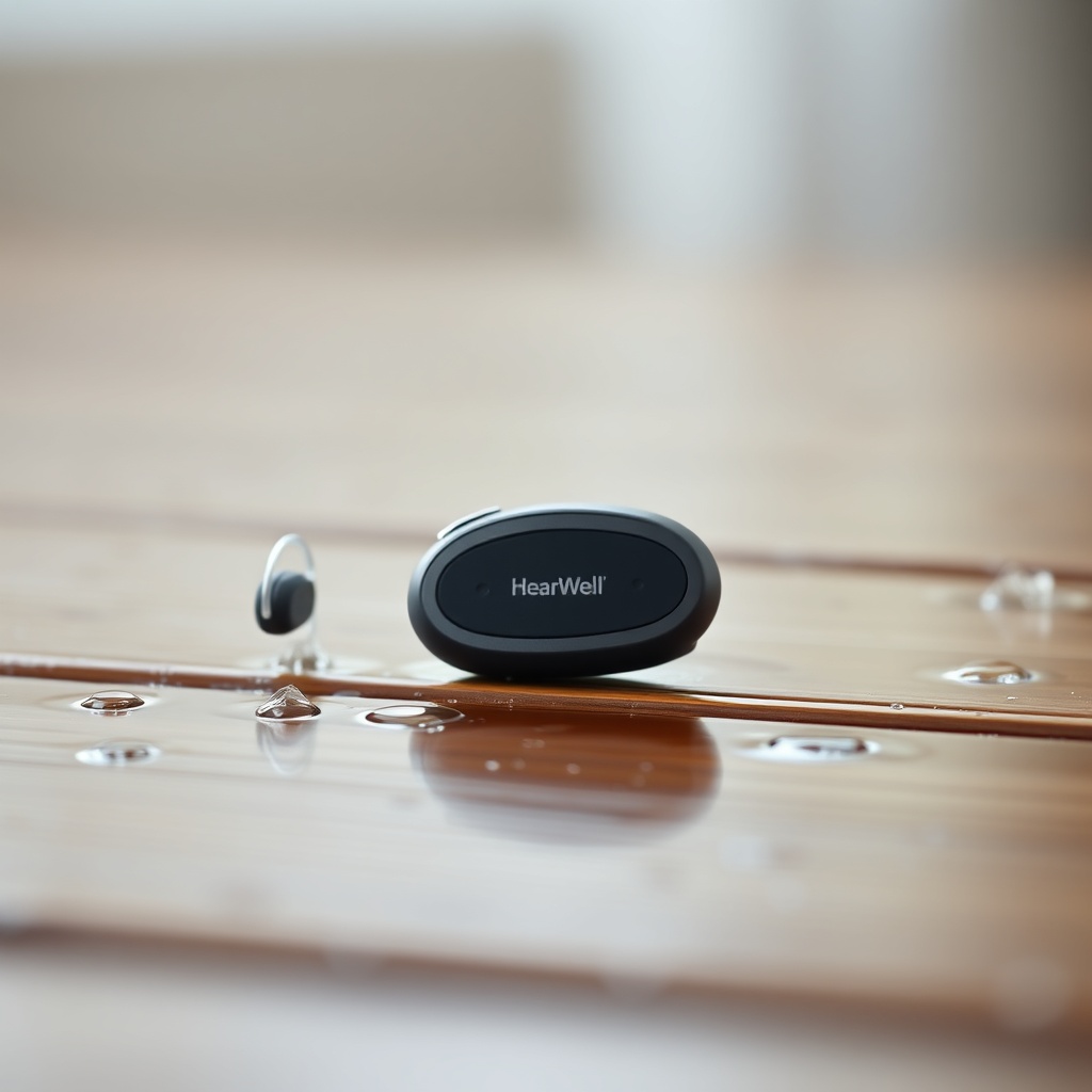 <A photorealistic close-up of a HearWell hearing aid sitting on a wet wooden table with wa
