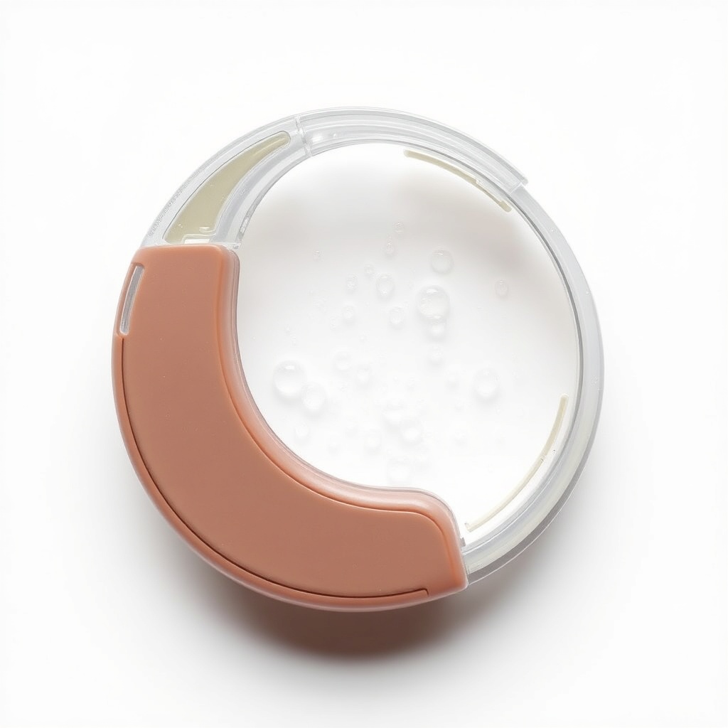 <A photorealistic top-down view of an open HearWell hearing aid showing its internal seals