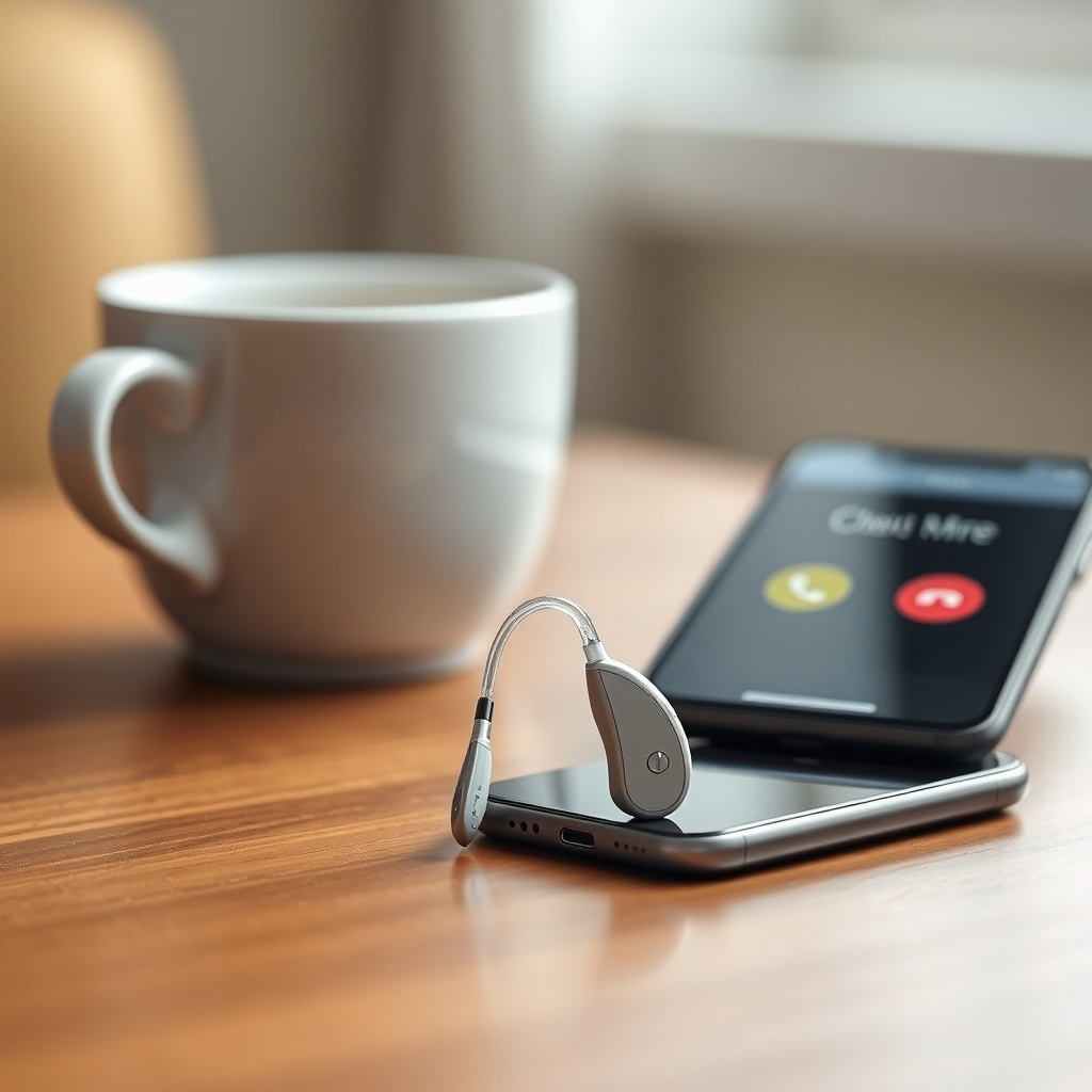 A clean photorealistic photo of an Oticon More hearing aid sitting on a polished wooden ta