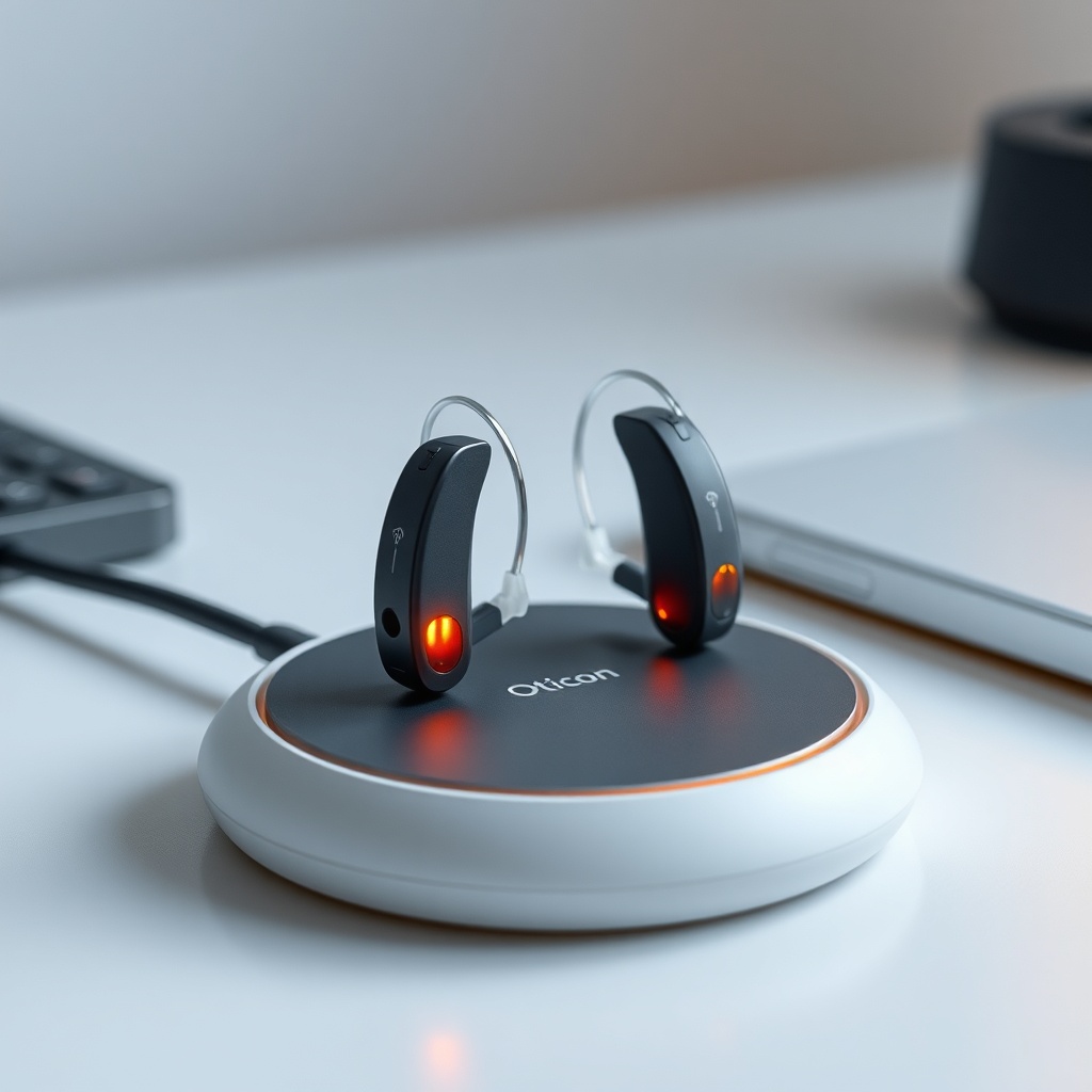 A clean photorealistic photo of a pair of Oticon More hearing aids sitting on a wireless c