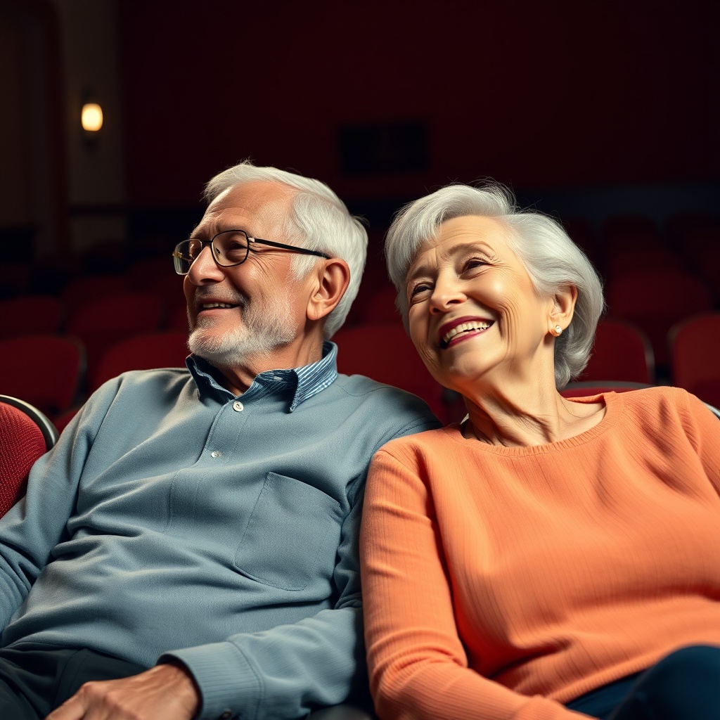 A photorealistic photo of an older couple sitting in theater seats