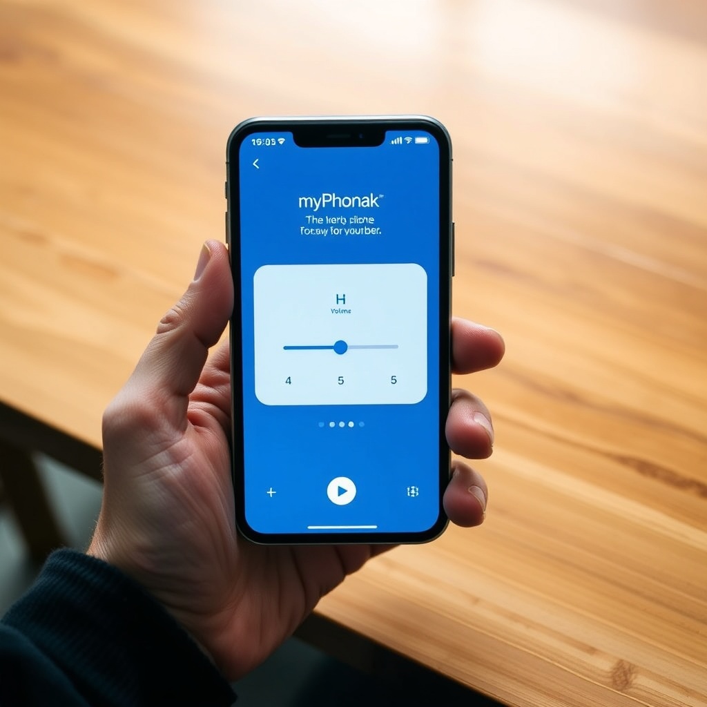 A person’s hand holding a smartphone with the myPhonak app home screen visible