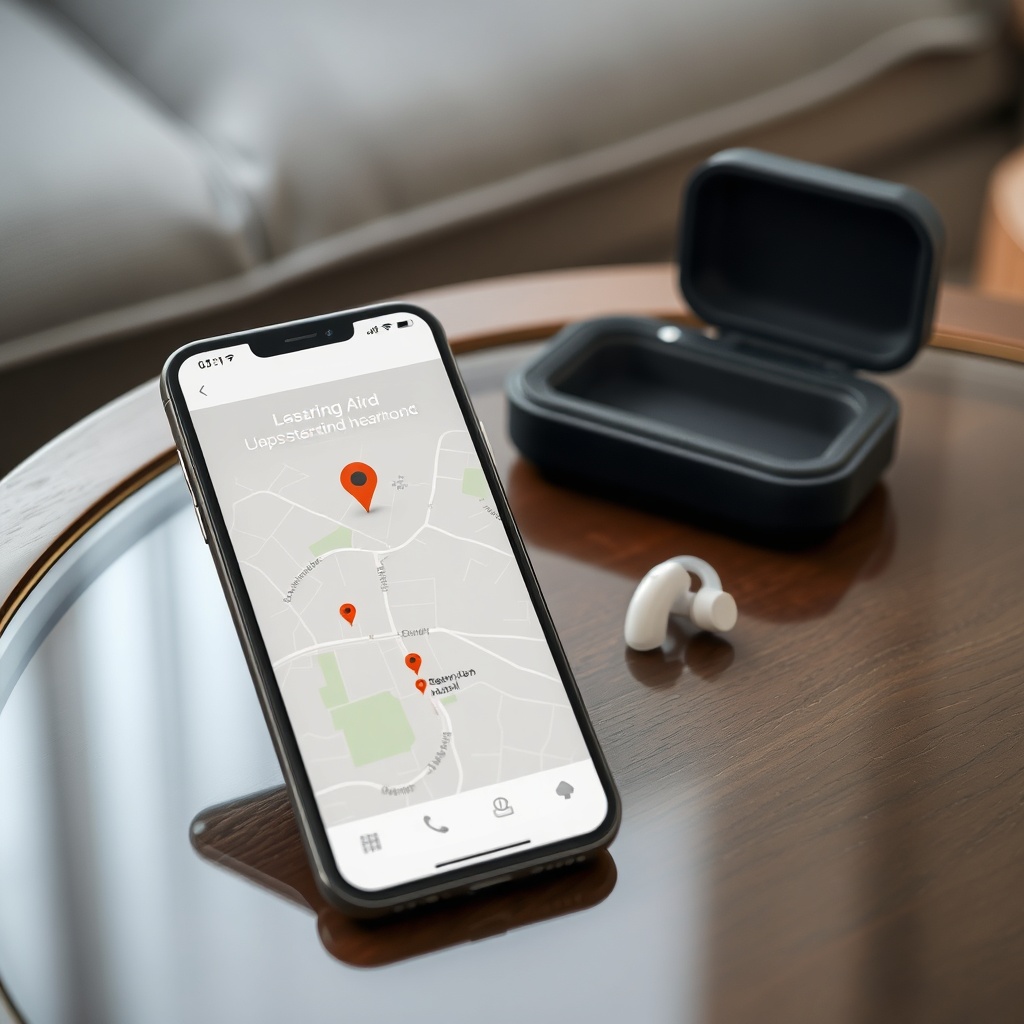 A phone screen displaying a map with a pin showing the last known location of a hearing ai