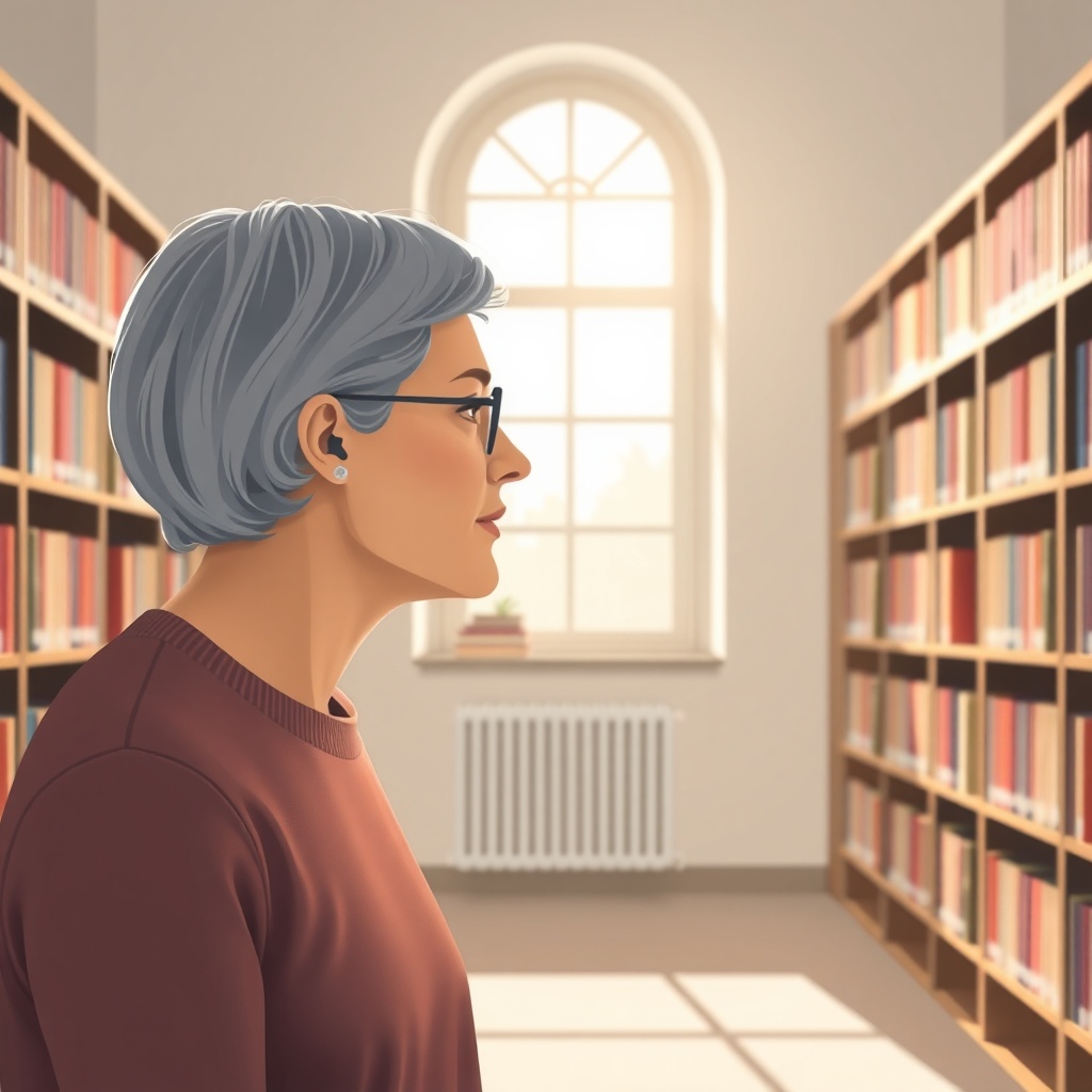 A clean photorealistic illustration showing a person in a quiet library wearing Phonak Aud