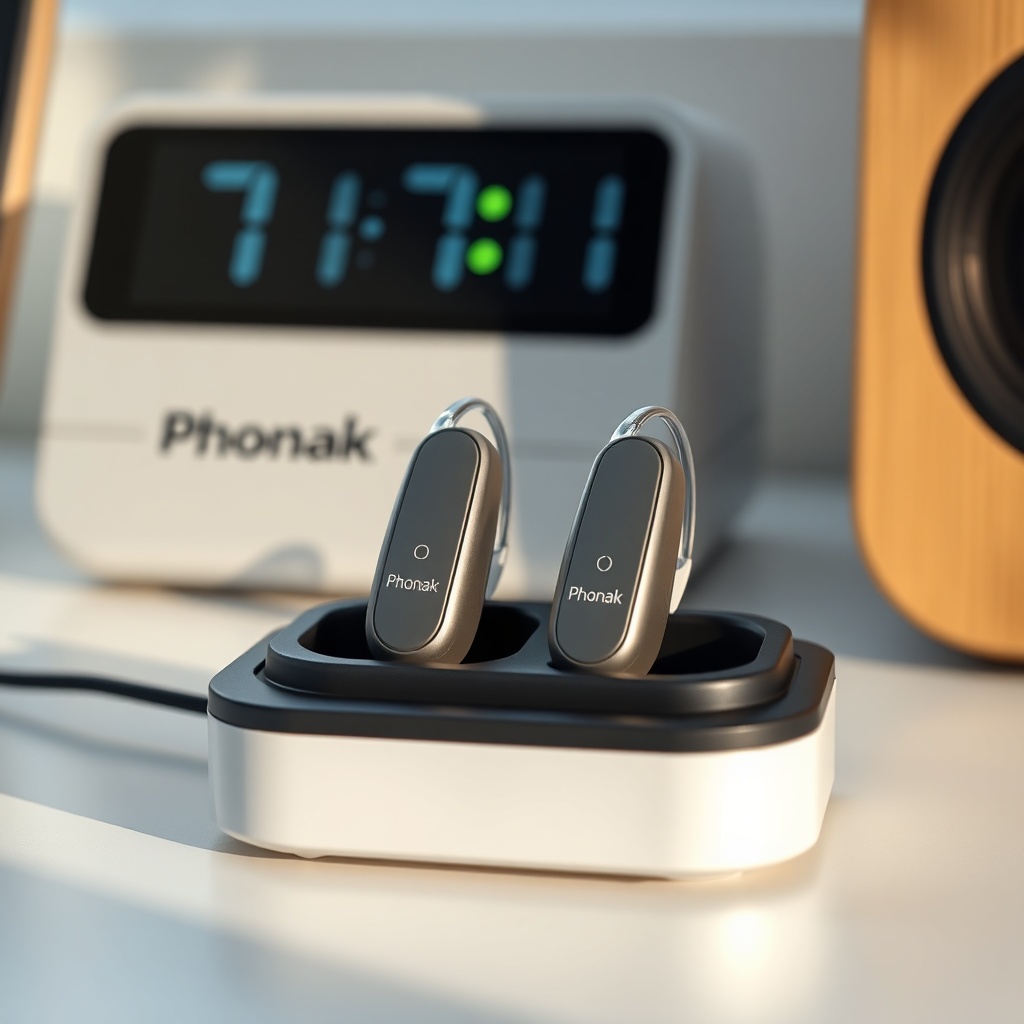 A photorealistic close-up of two Phonak Audéo Lumity hearing aids resting in their desktop