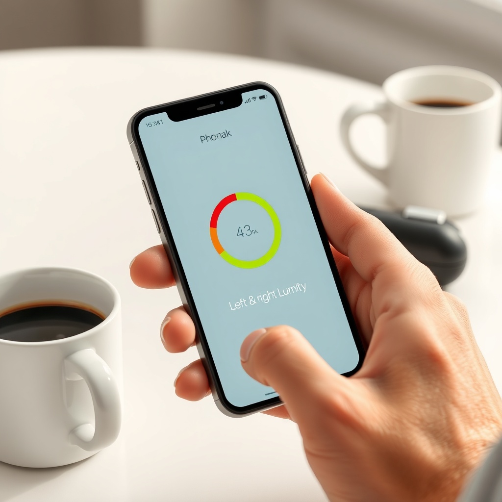 A photorealistic illustration of a user checking the Phonak app on a smartphone