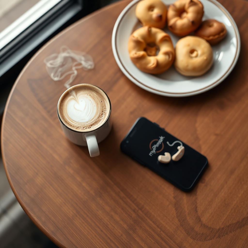 A photorealistic overhead shot of a wooden café table with a steaming latte