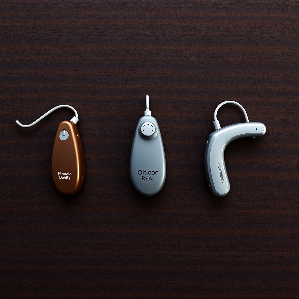 Photorealistic overhead shot of three modern hearing aids placed on a dark wood table: lef