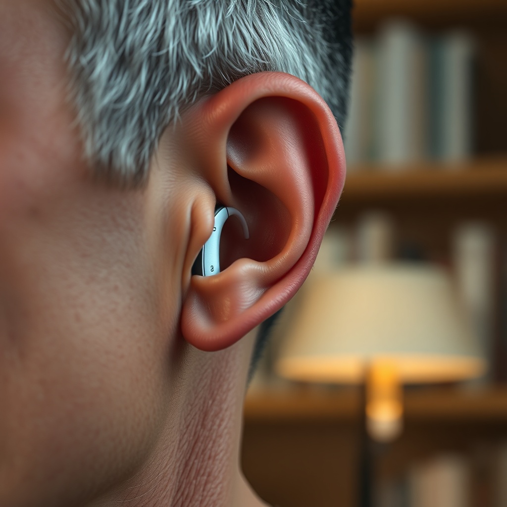 Photorealistic close-up of a man's ear wearing a Phonak Audéo Lumity hearing aid
