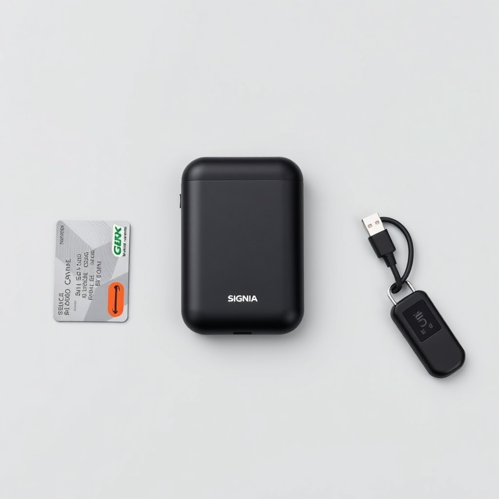 A photorealistic side-by-side comparison shot of a Signia Styletto AX charging case next t
