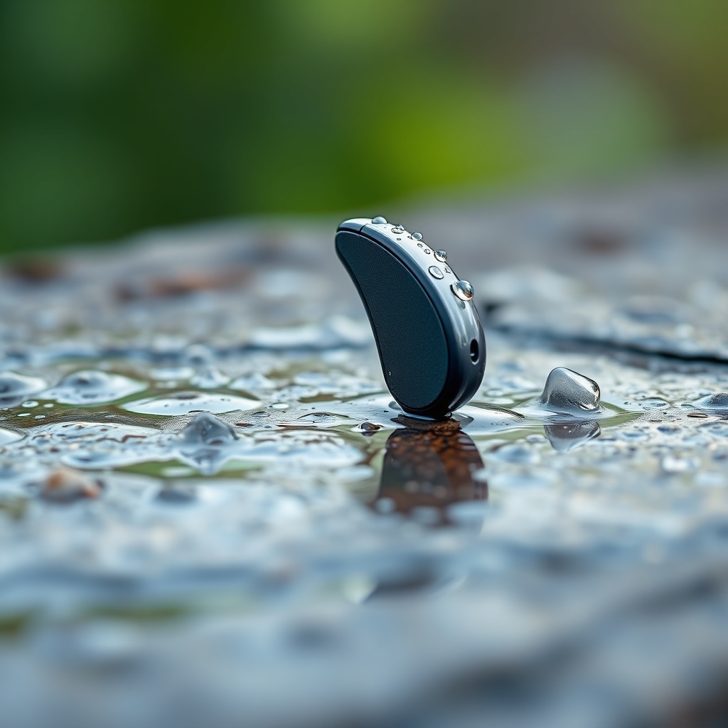A photorealistic close-up of a Signia Styletto AX hearing aid lying on a wet stone surface