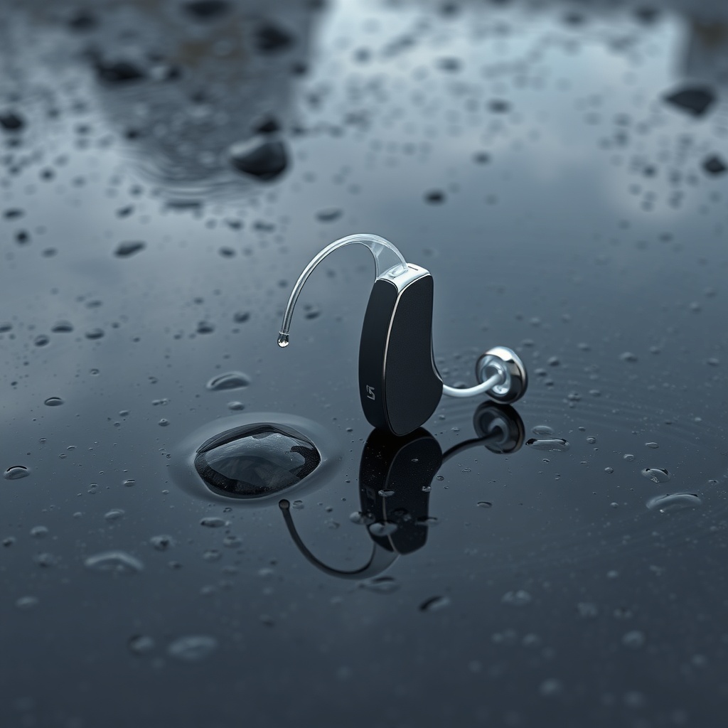 A photorealistic side-angle shot of a pair of Signia Styletto AX hearing aids on a dark we