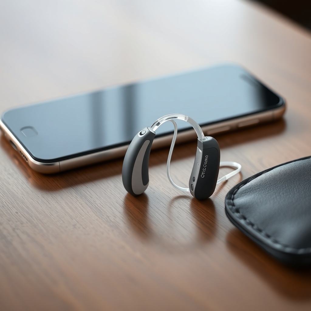 A photorealistic studio shot of an Oticon More hearing aid placed next to a smartphone and