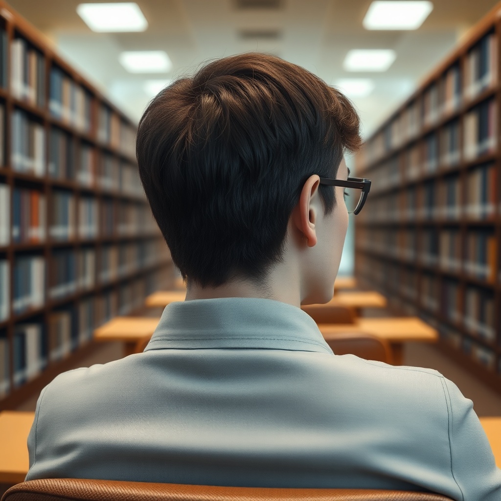 A photorealistic photo of a person sitting in a quiet library