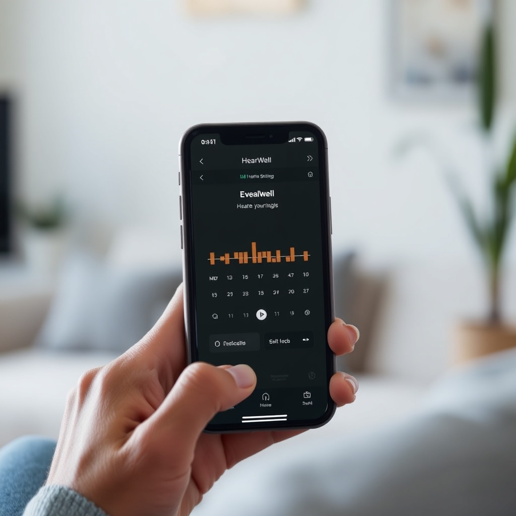 A photorealistic photo of a person using a smartphone app to adjust HearWell hearing aid s