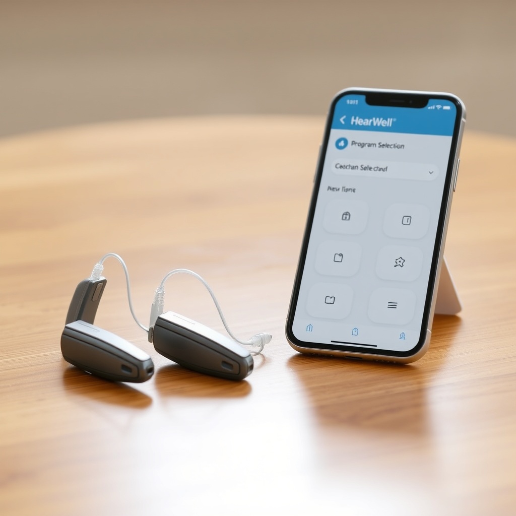 A clean photorealistic photo of two hearing aids resting on a wooden table next to a smart