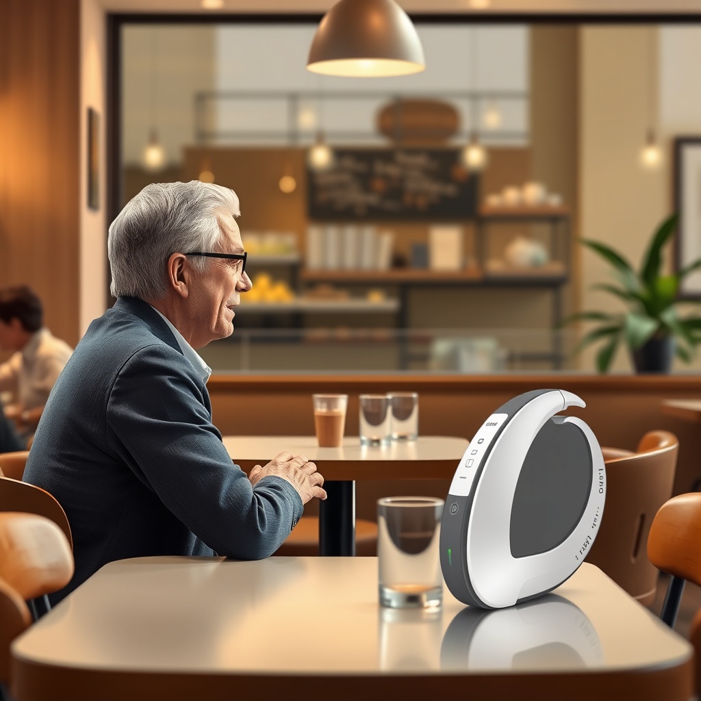 <clean photorealistic photo/illustration of a HearWell Regeneration hearing aid being test