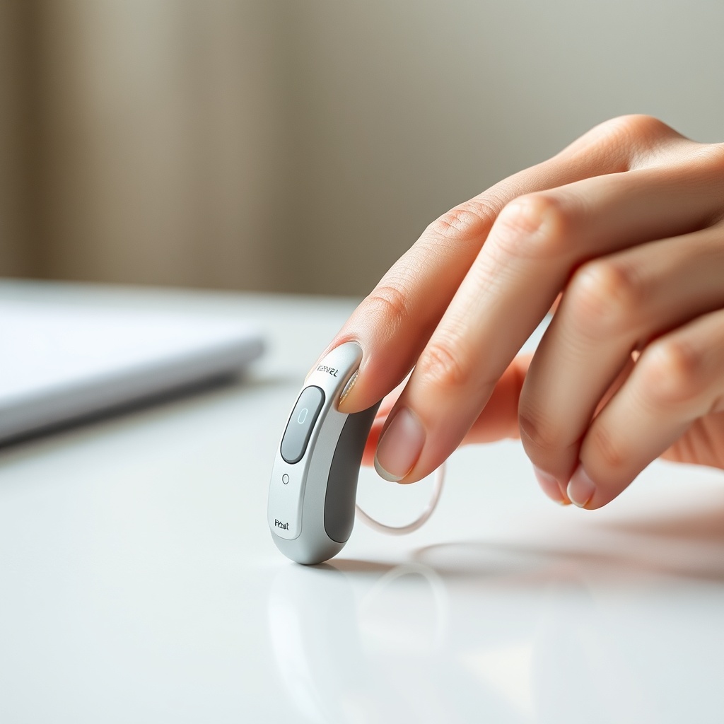 <A clean photorealistic close-up of a hand adjusting a HearWell Regeneration hearing aid o