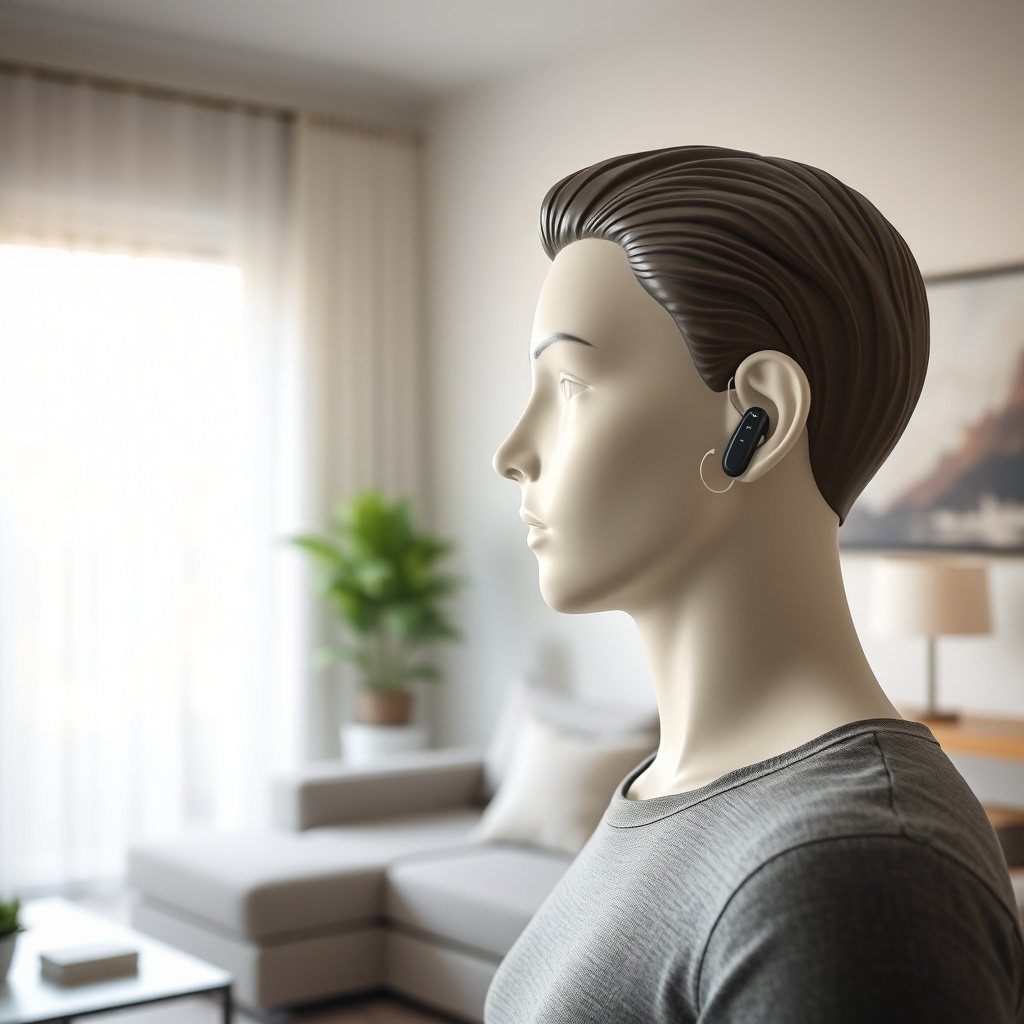 <clean photorealistic photo of a modern living room with a KEMAR mannequin wearing a HearW