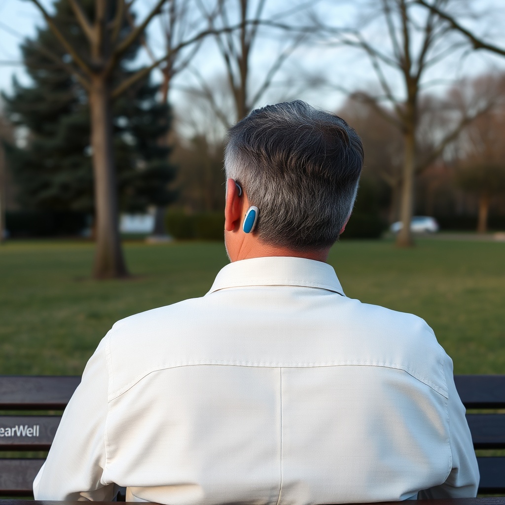 <A person wearing HearWell Regeneration hearing aids sitting on a park bench in calm weath