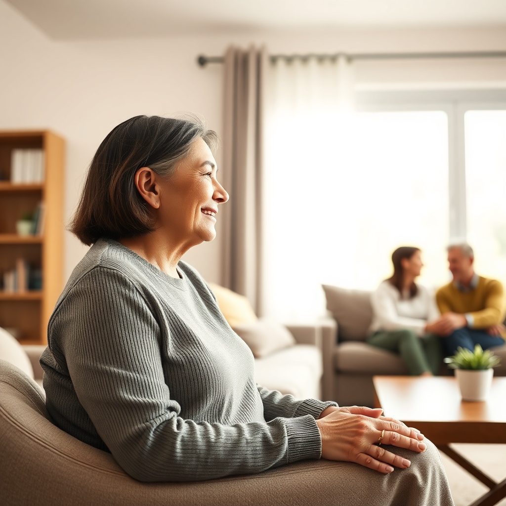 <clean photorealistic photo/illustration of a hearing aid user sitting in a quiet living r