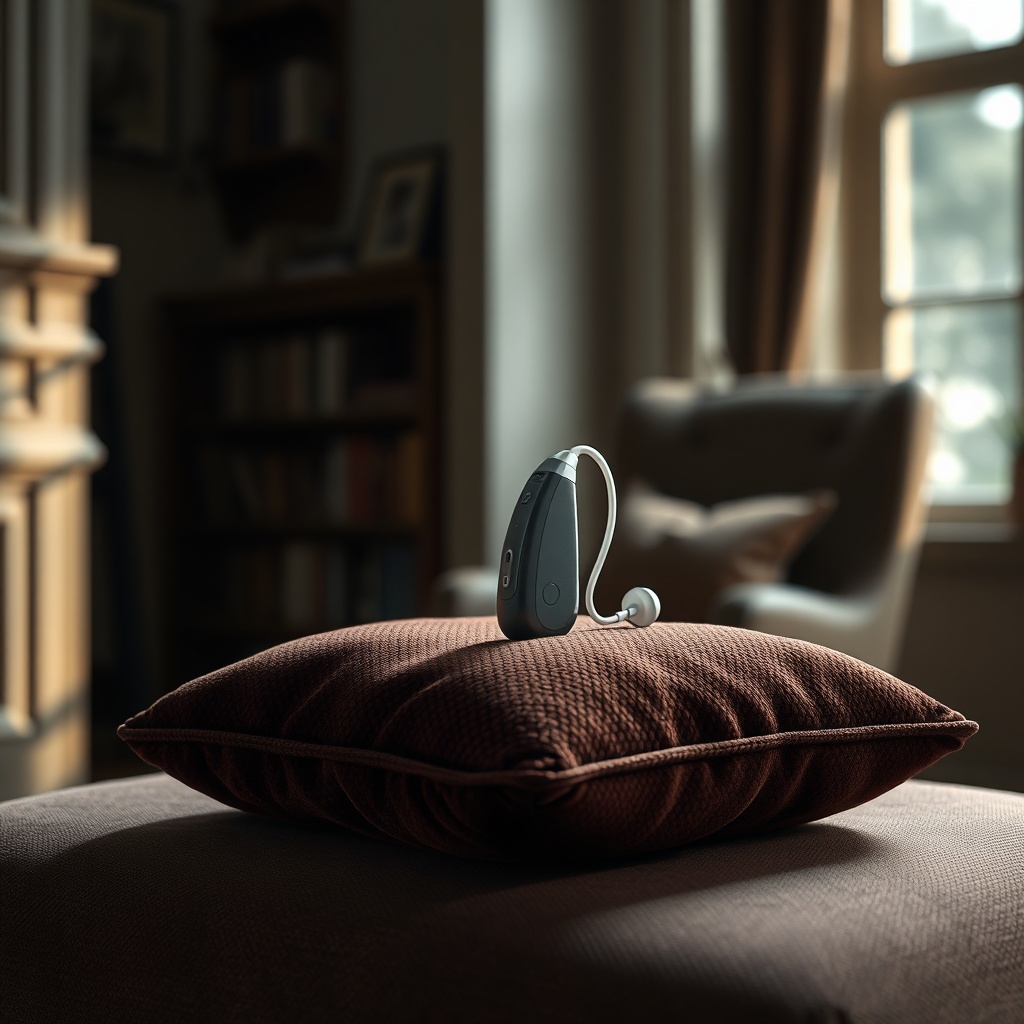 A clean photorealistic photo of a hearing aid resting on a velvet cushion in a dimly lit s