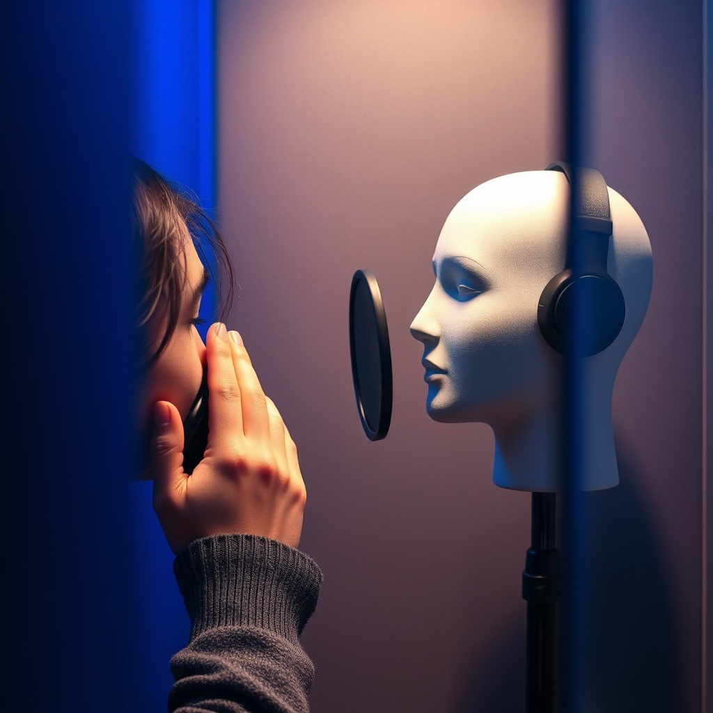 A clean photorealistic photo of a person whispering into a microphone in a soundproof boot