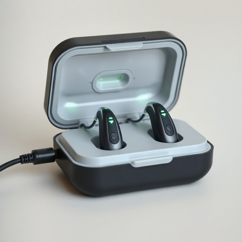 A photorealistic close-up showing a pair of HearWell Regeneration hearing aids sitting sec