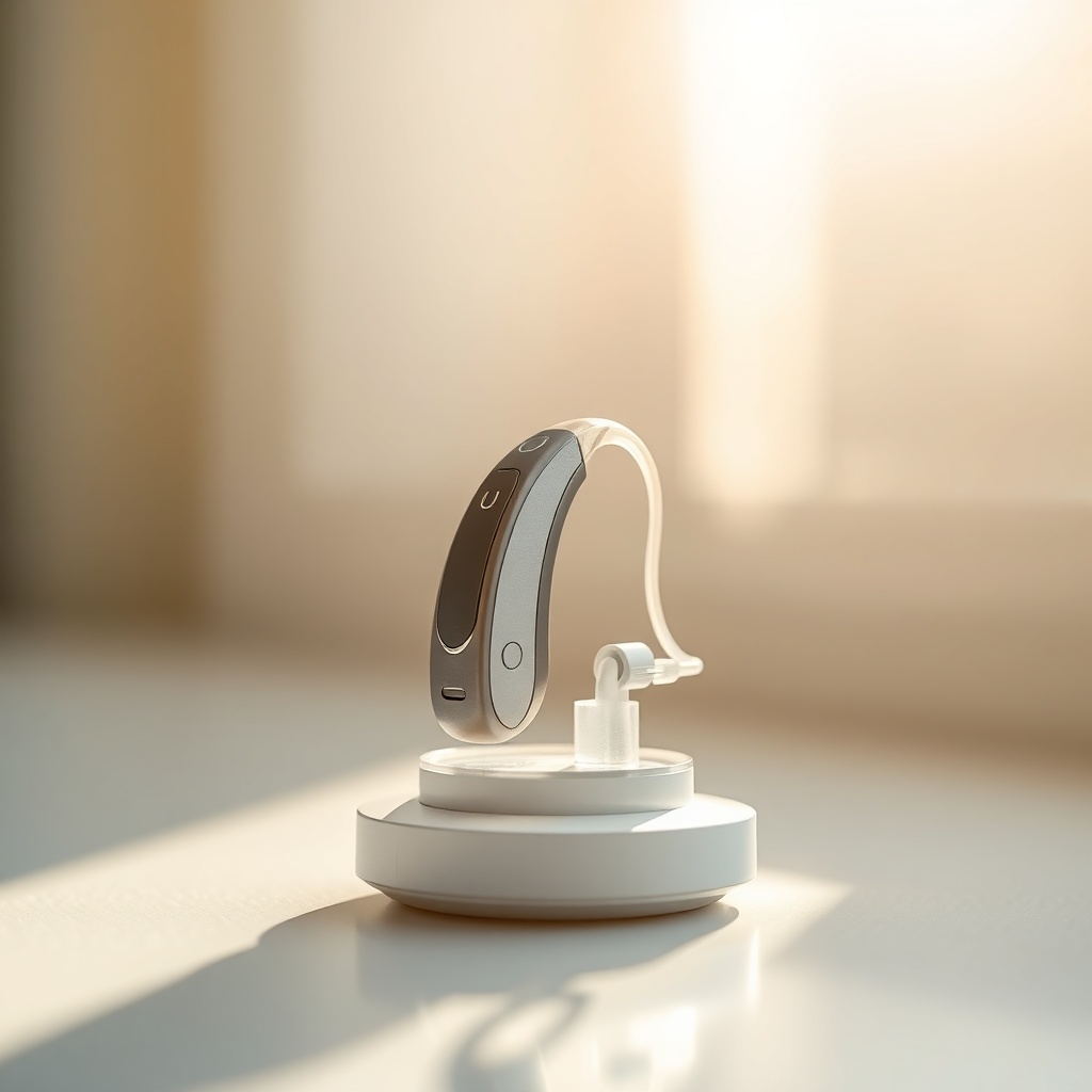 <clean photorealistic photo of a HearWell Regeneration hearing aid resting on a small char