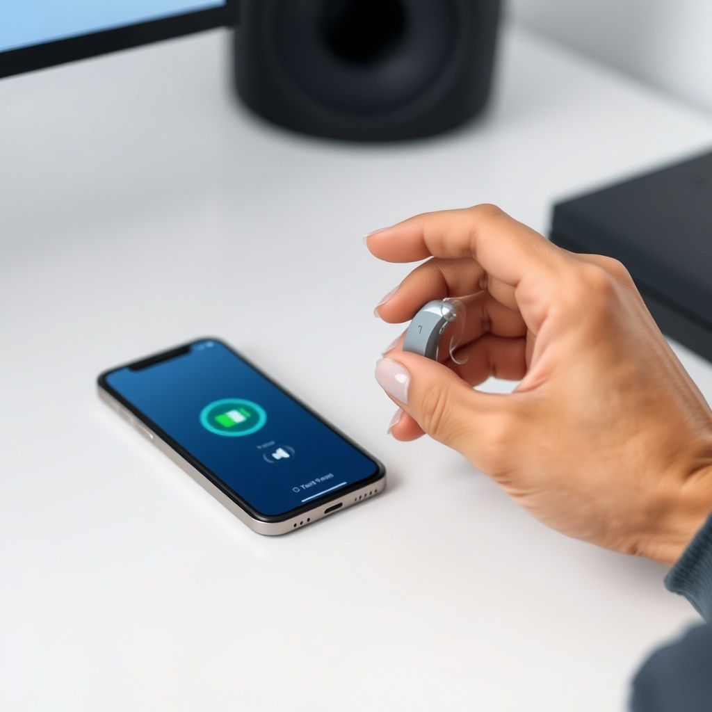 <clean photorealistic photo of a person’s hands adjusting a HearWell Regeneration hearing