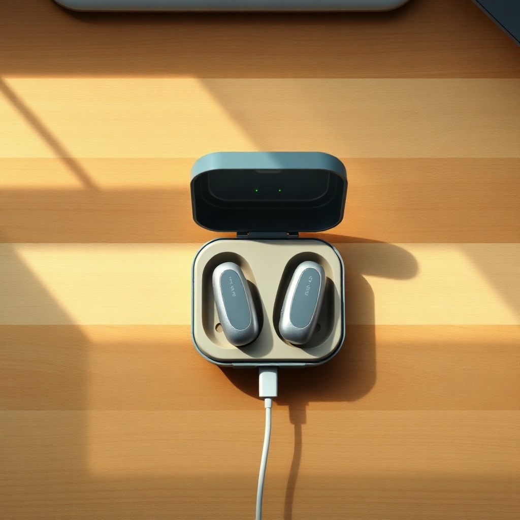 A photorealistic top-down shot of a HearWell Regeneration charging case open