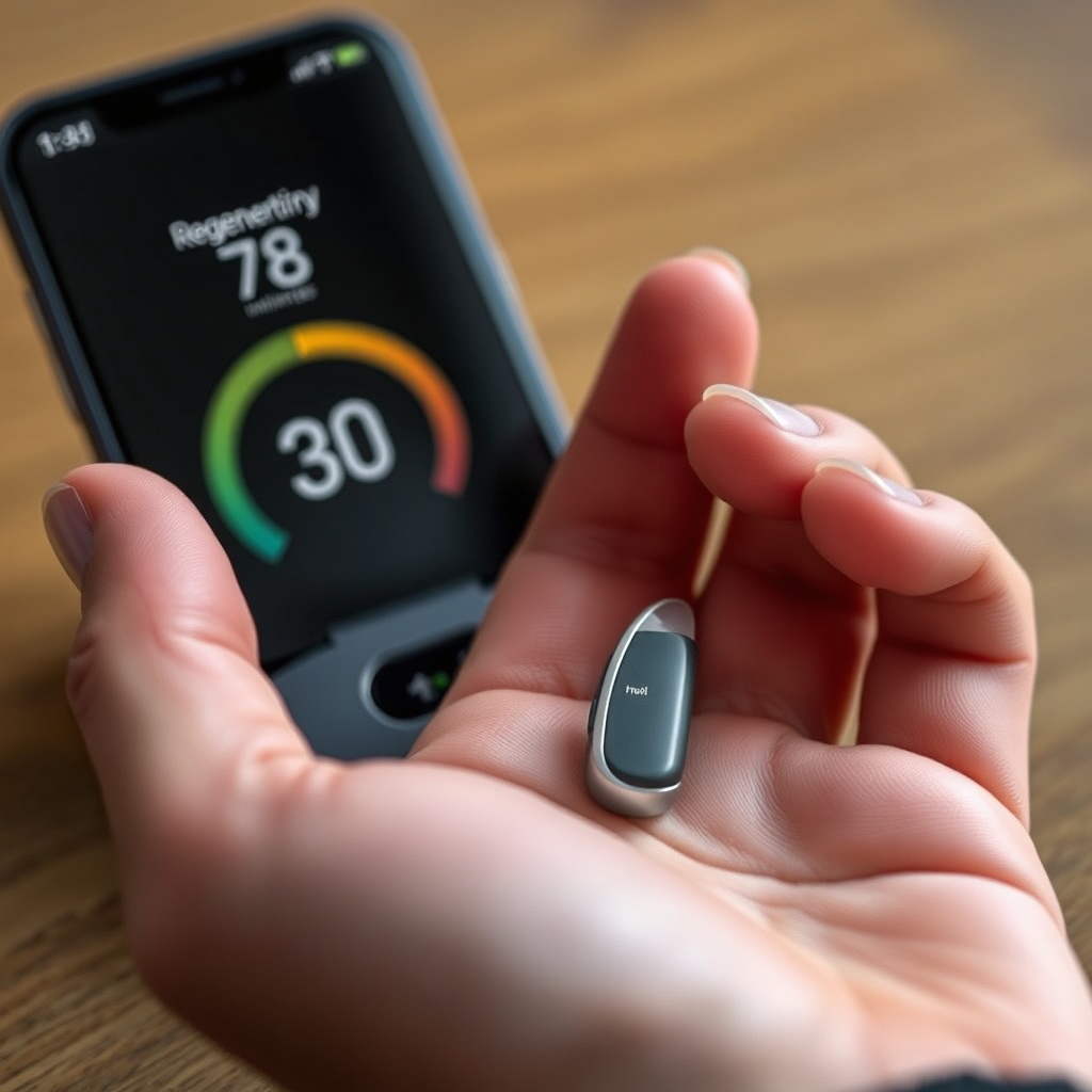 A photorealistic close-up of a hand holding a single HearWell Regeneration hearing aid nex
