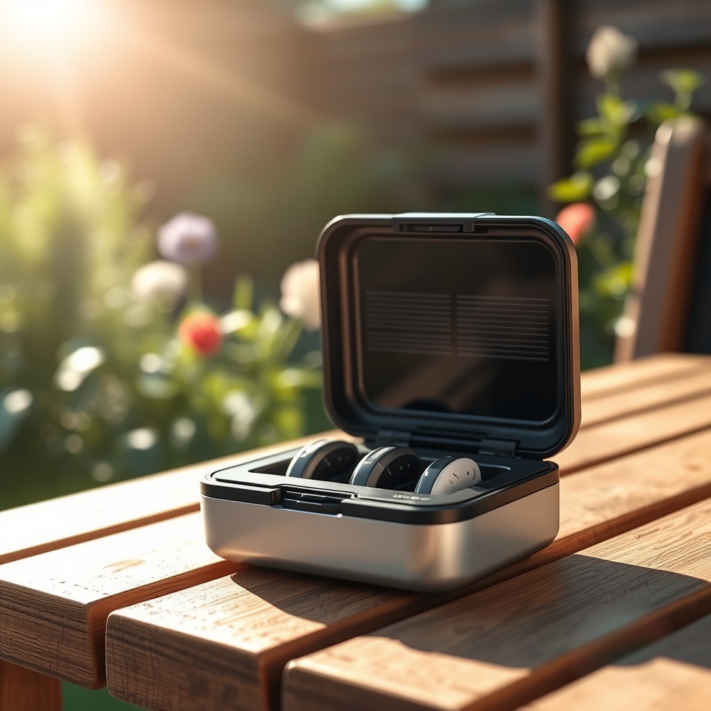 A photorealistic photo of the HearWell Regeneration Solar Case sitting on a wooden garden