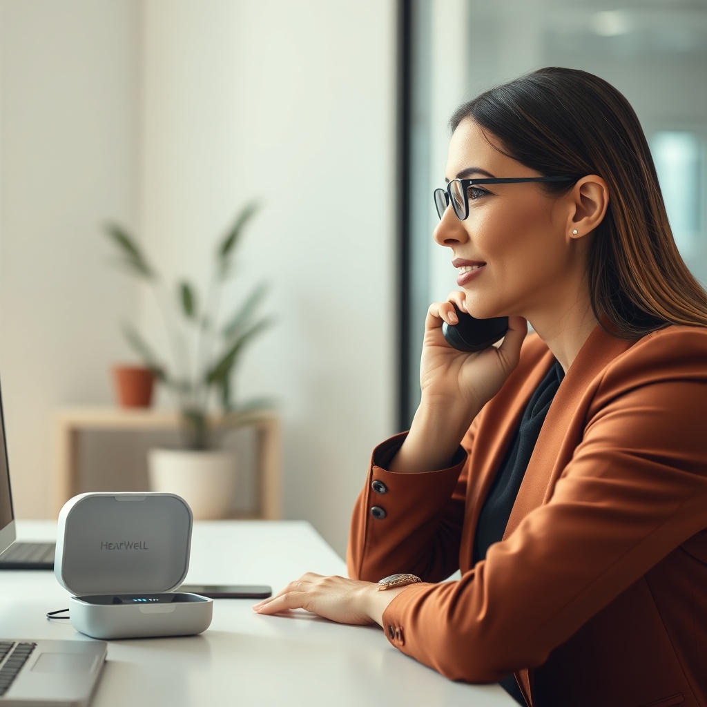 <photorealistic image of a professional woman wearing HearWell Regeneration hearing aids i