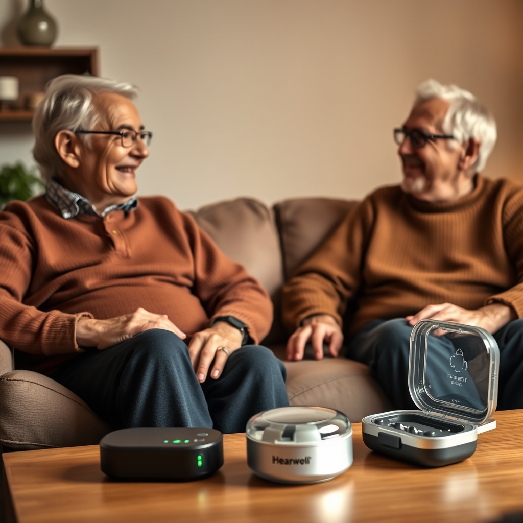 <photorealistic image of an elderly couple sitting in a living room