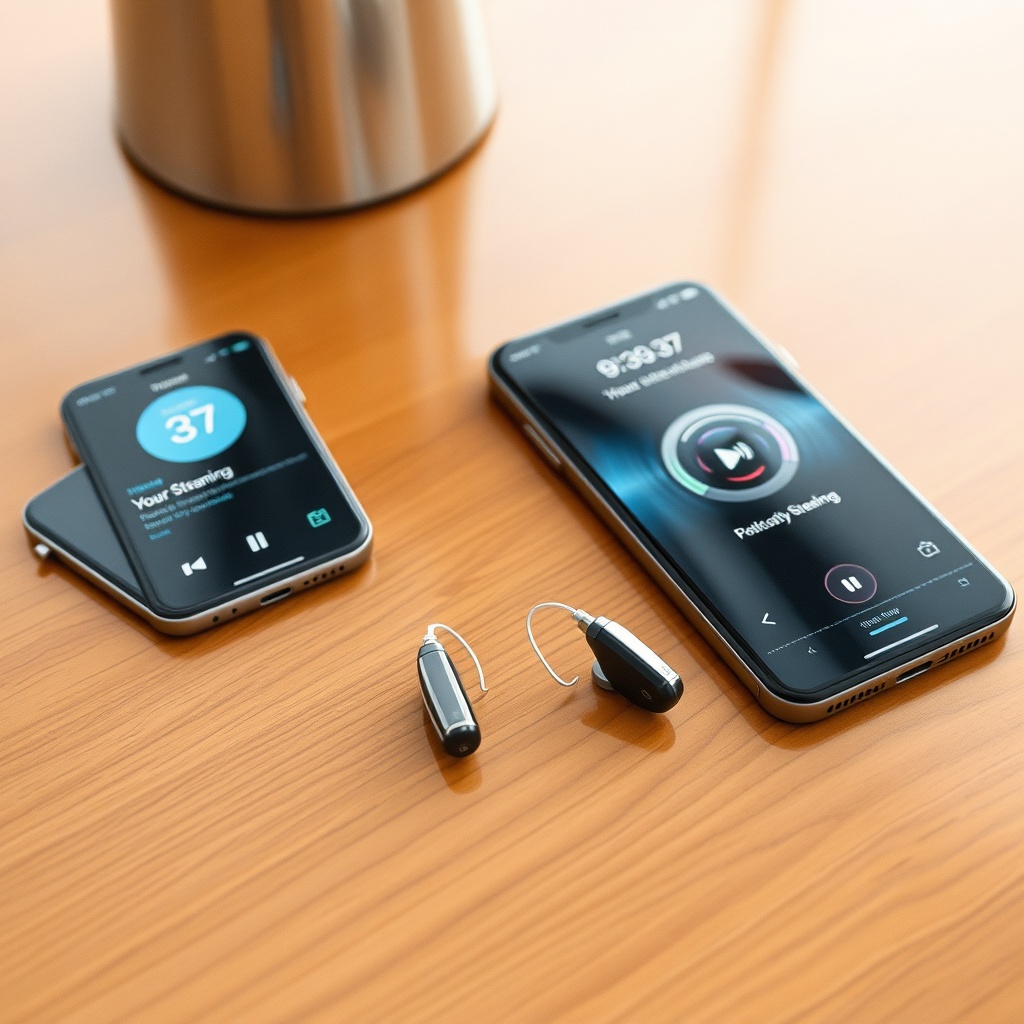 A pair of HearWell Regeneration hearing aids lying on a polished wooden desktop next to an