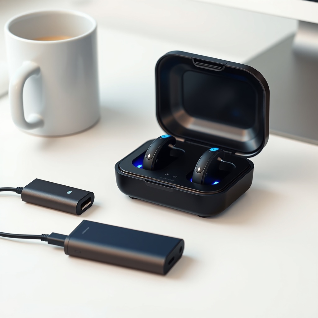 A photorealistic close-up of the HearWell Regeneration SmartCase opened