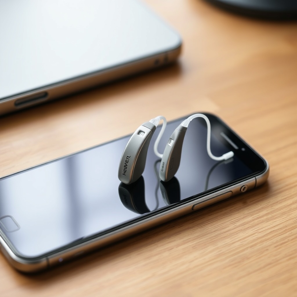 A clean photorealistic photo of a pair of HearWell Regeneration hearing aids resting on a