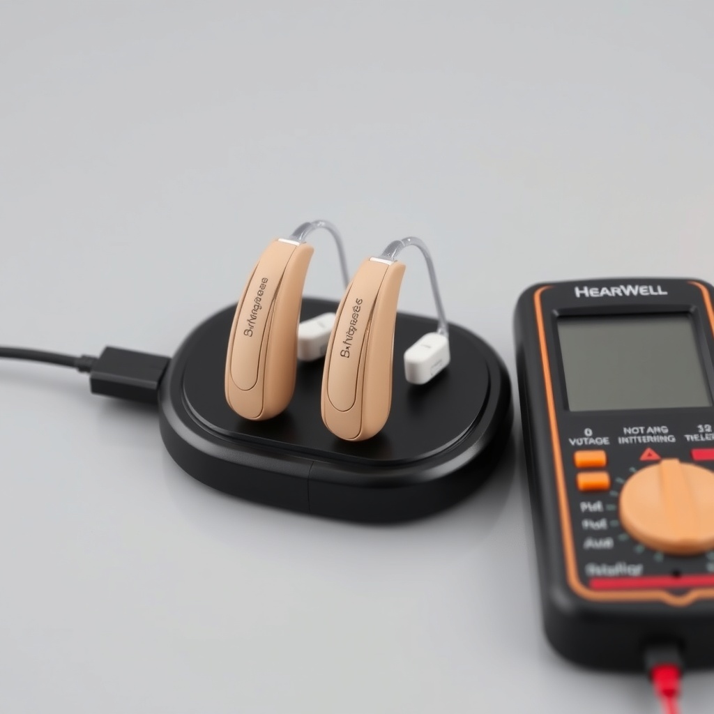 A clean photorealistic photo of two HearWell Regeneration hearing aids resting on a black