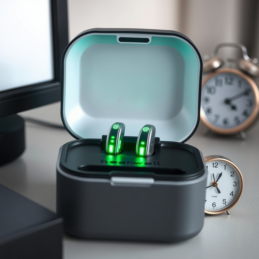 A clean photorealistic photo of a HearWell Regeneration charging case opened