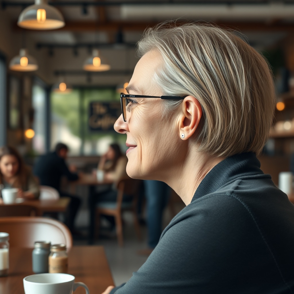 <clean photorealistic photo/illustration of a person wearing HearWell Regeneration hearing