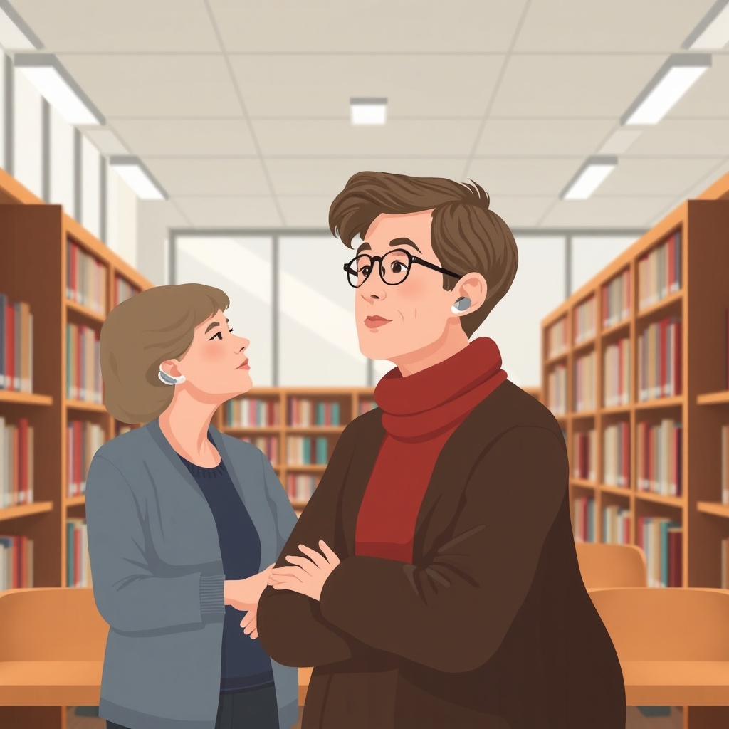 <clean photorealistic photo/illustration of two people in a quiet library