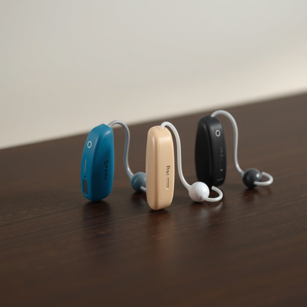 <a clean photorealistic photo of three modern hearing aids in different colors lying on a