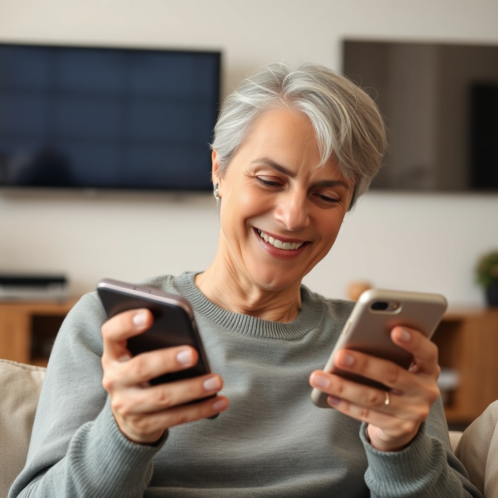 <a photorealistic photo of a person smiling while using a smartphone with a hearing aid vi