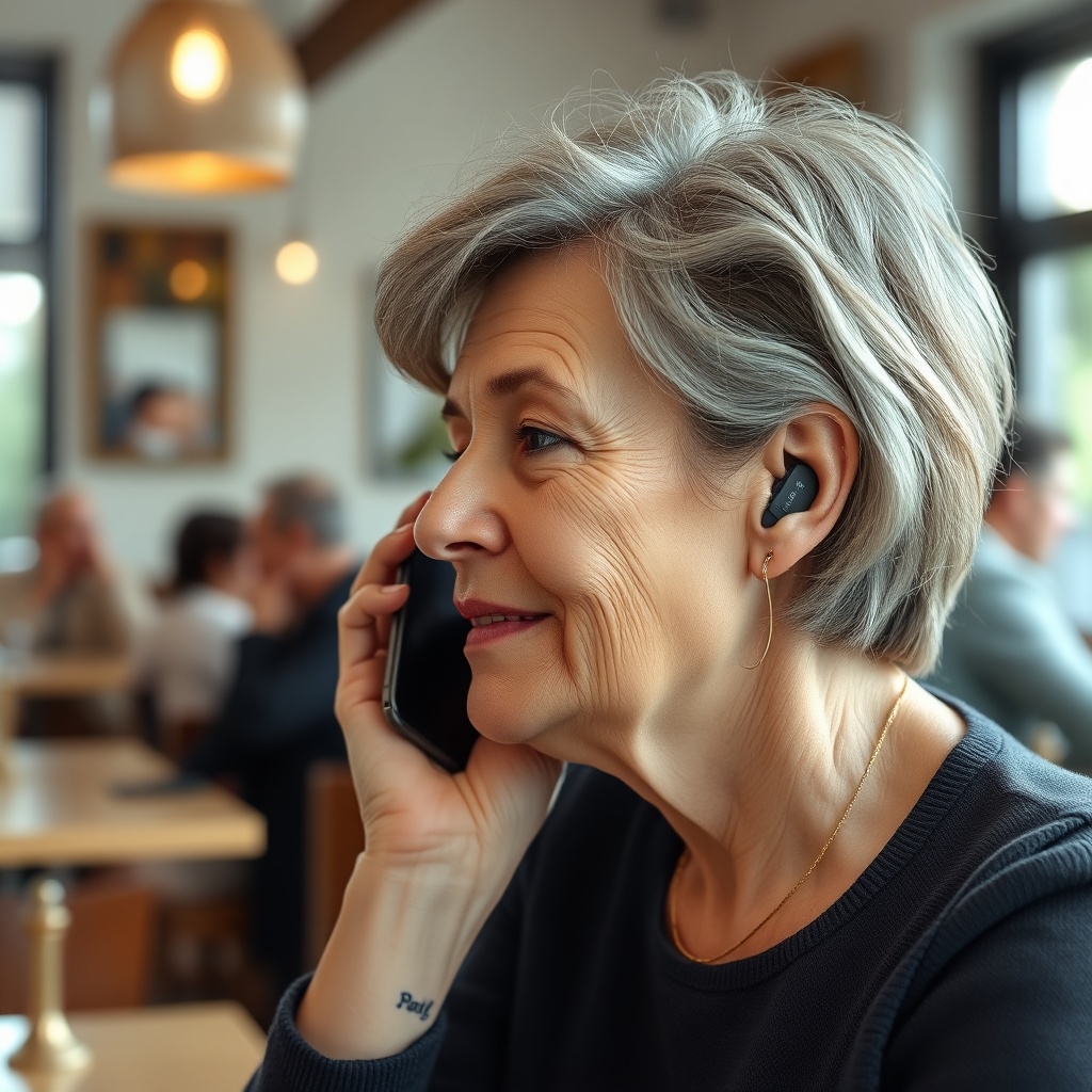 A clean photorealistic photo of a middle-aged woman in a bright café