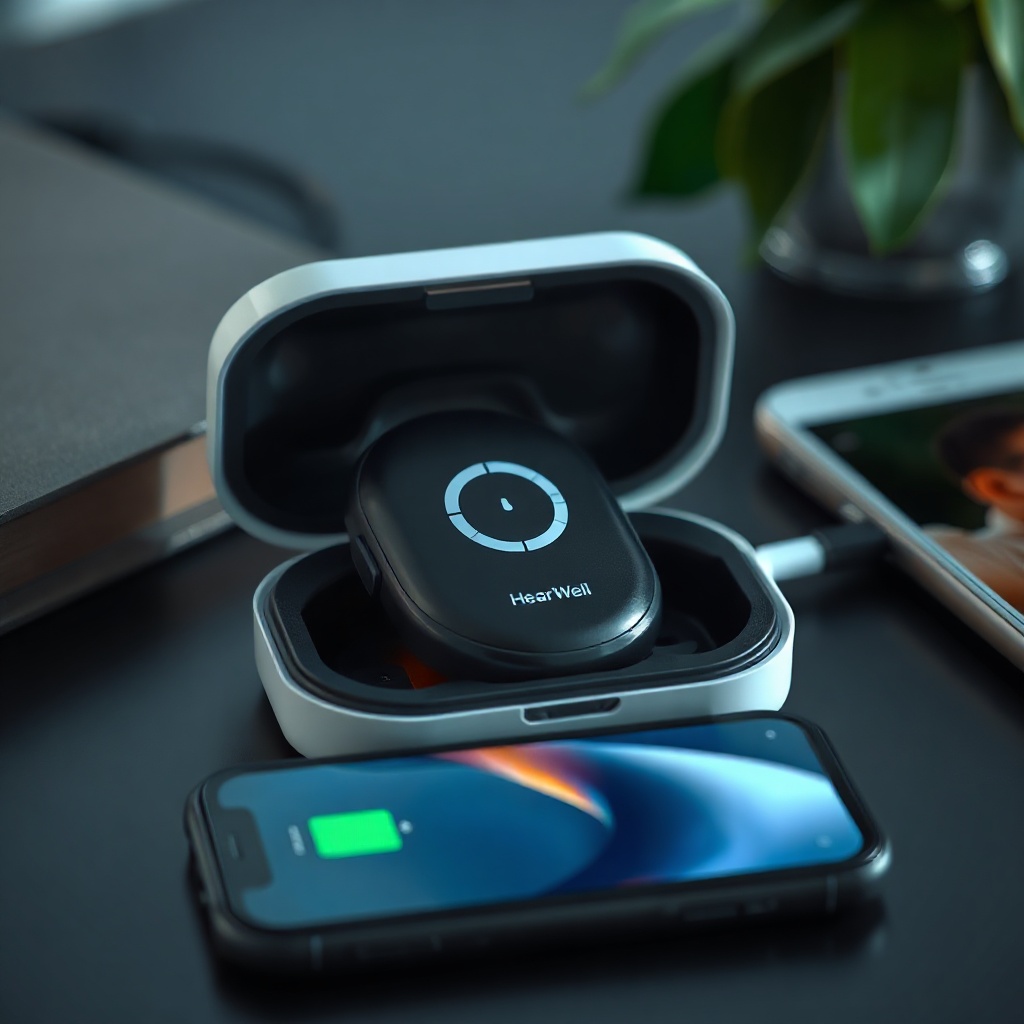 <clean photorealistic photo/illustration of a HearWell Regeneration sitting in a charging