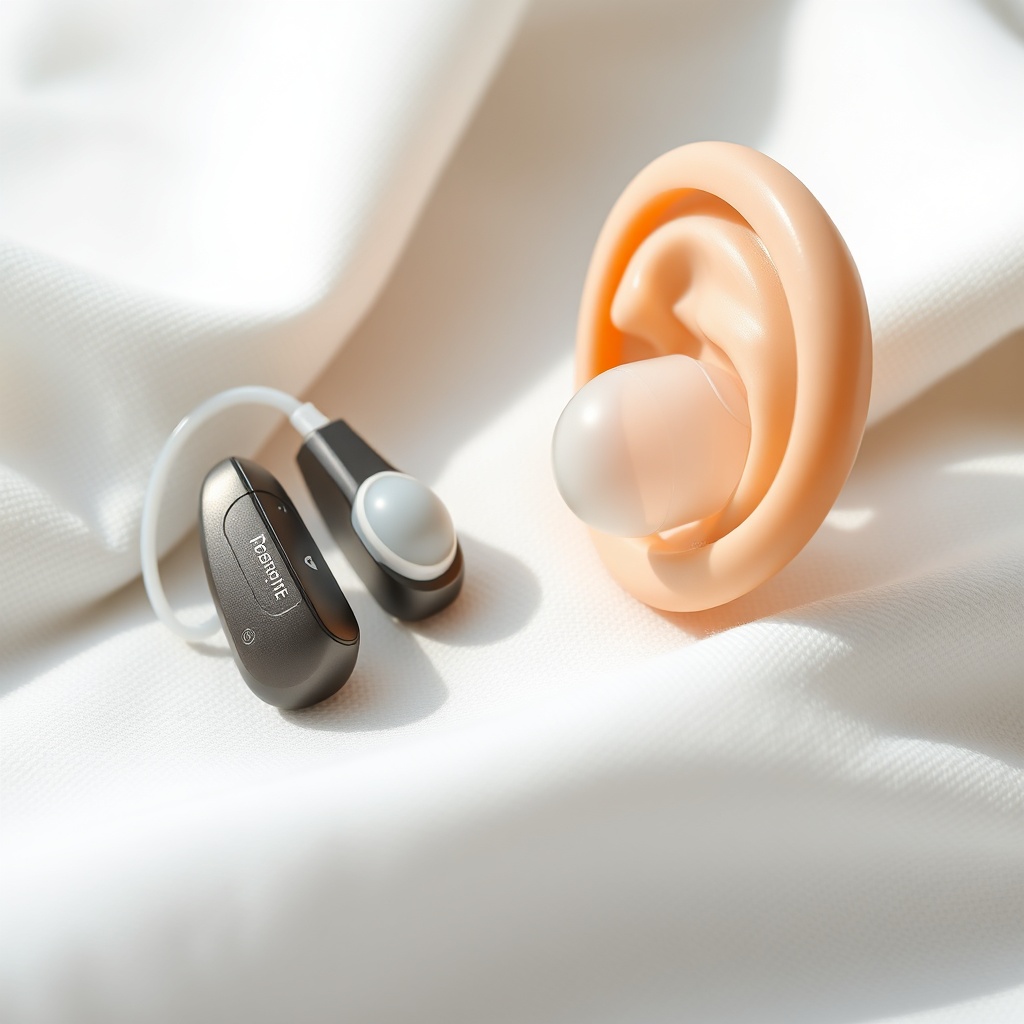 A clean photorealistic photo showing a pair of HearWell Regeneration hearing aids with sta