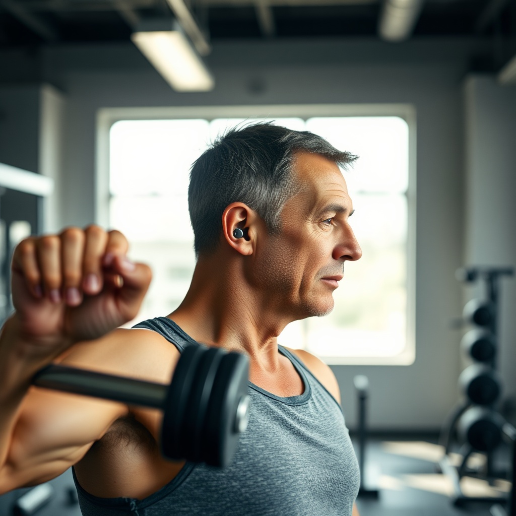 <photorealistic photo of a fit person in their 40s wearing HearWell Regeneration hearing a