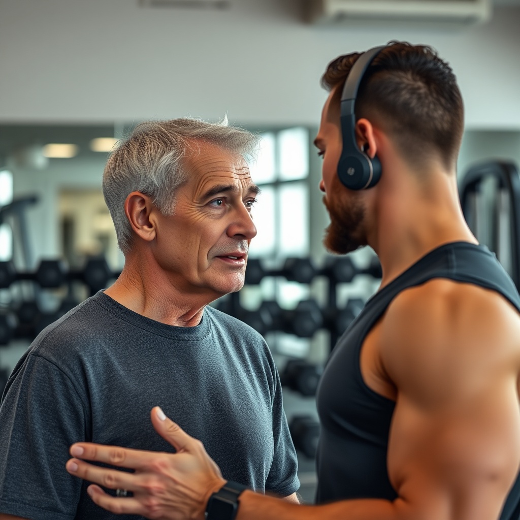 <photorealistic photo of a person in their 30s with hearing aids talking to a personal tra